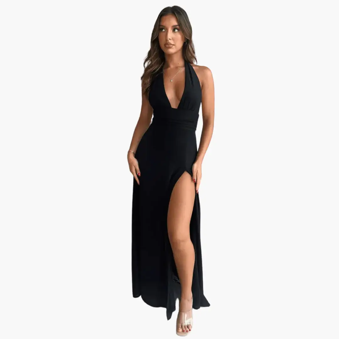 Maxi dress with halter neck and thigh-high slit in black by Wilfred Smith