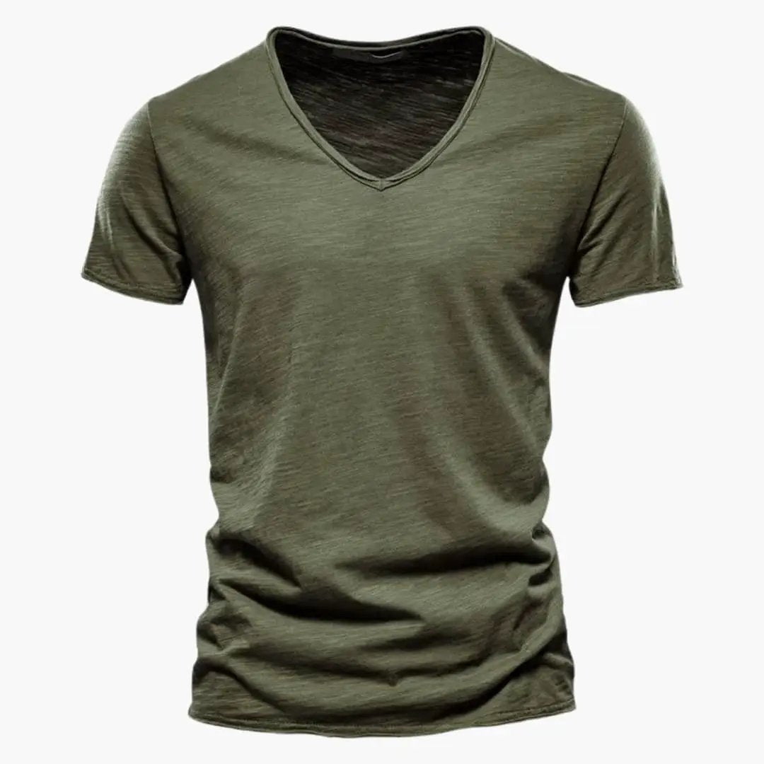 Light summer shirt for men olive green V-neck short-sleeve T-shirt