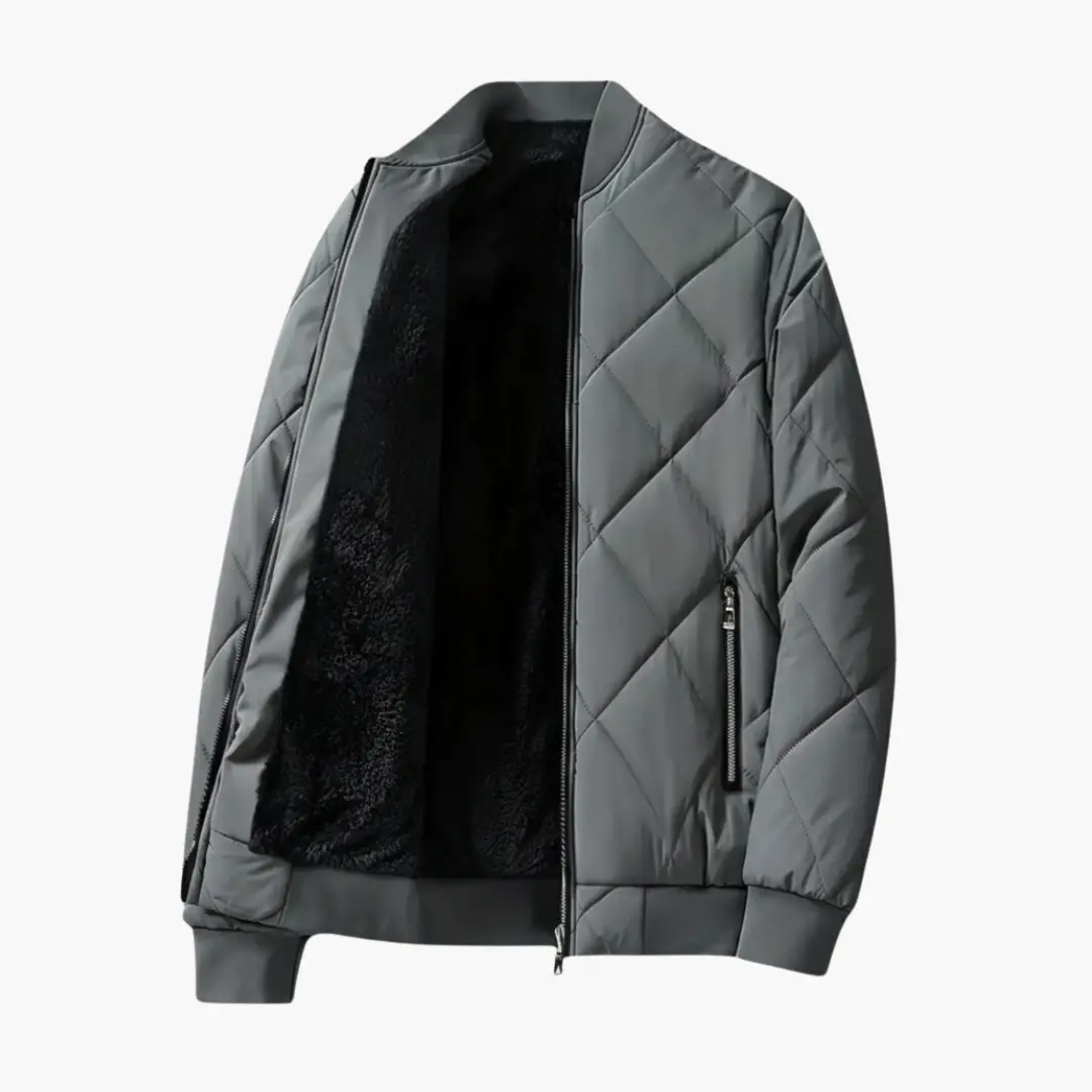 Men’s Padded Jacket with gray quilted exterior and black fleece lining