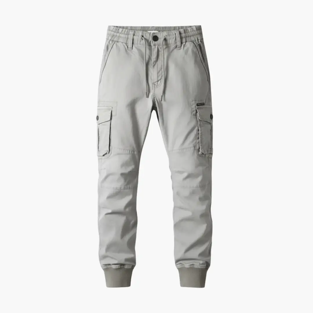Men’s cargo trousers by Wilfred Smith with drawstring waist and flap pockets in light gray