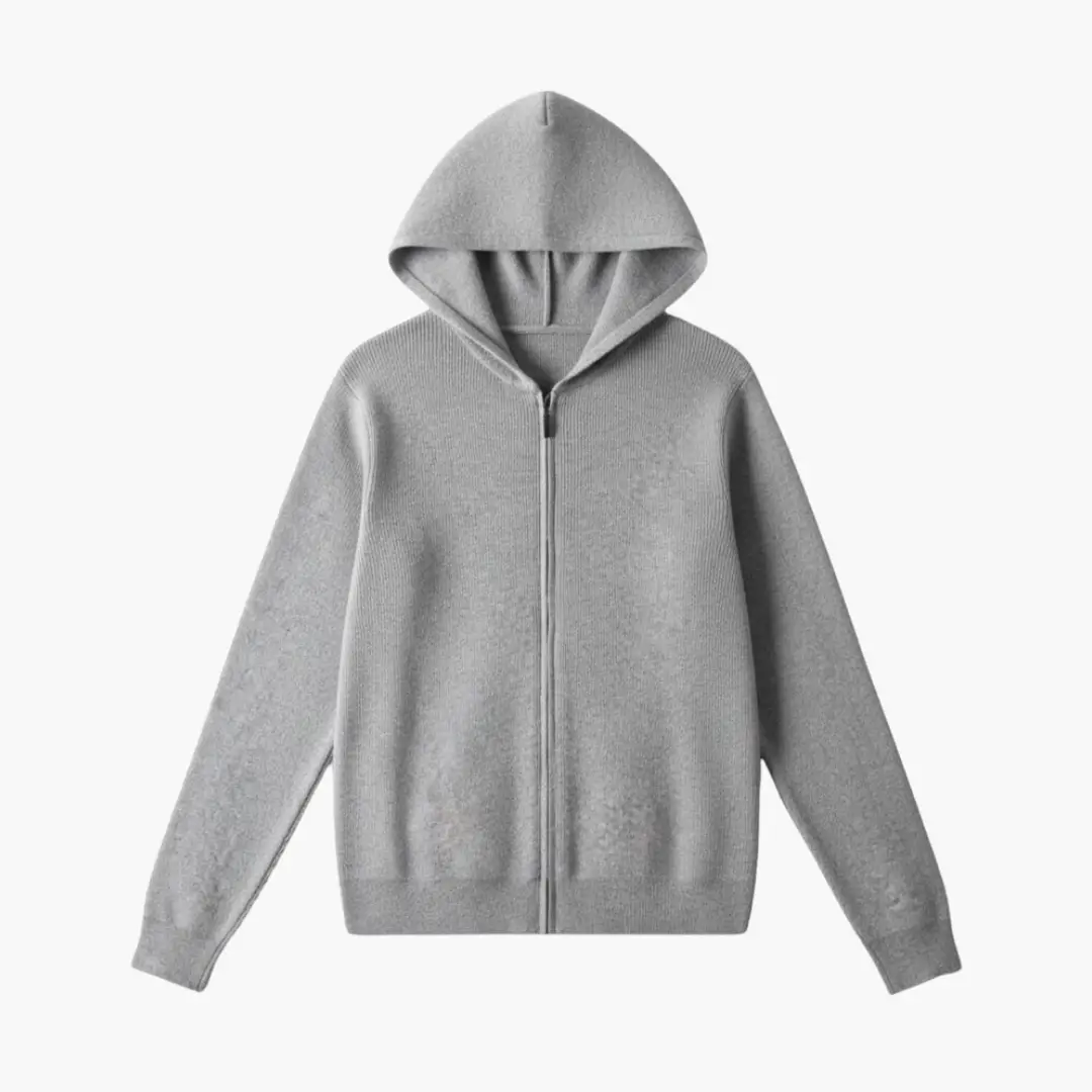 Men’s zip hooded cardigan by Wilfred Smith in grey with long sleeves and ribbed hem.