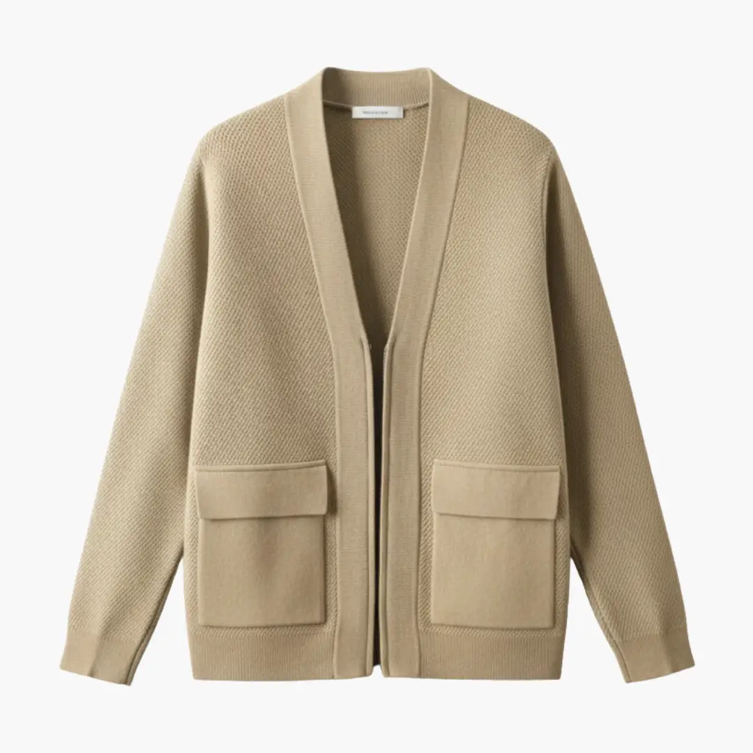 Men’s Open Front Cardigan Wilfred Smith beige knitted with long sleeves and patch pockets