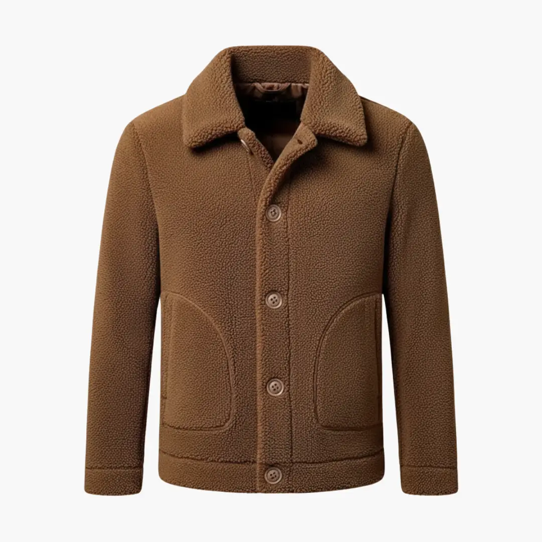 Men's short jacket by Wilfred Smith, textured brown fabric with lapel collar and front pockets