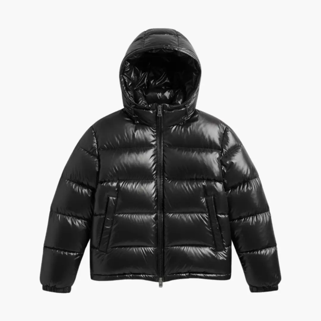 Men’s Quilted Puffer Jacket with hood, front zipper and padded lining in black by Wilfred Smith