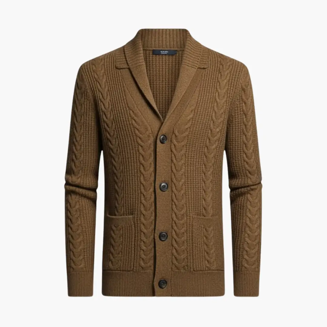 Men’s knit cardigan with shawl collar in brown jacquard pattern and front pockets by Wilfred Smith