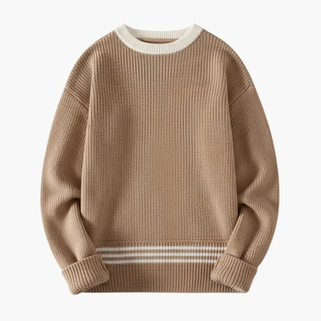 Men's camel crewneck sweater with white ribbed collar and striped hem, ribbed cuffs