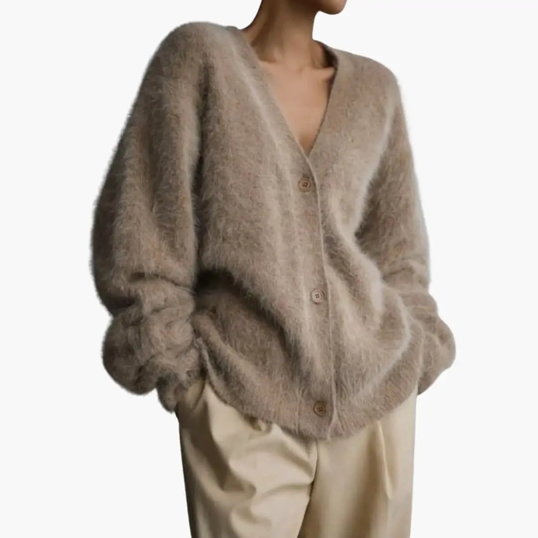 Women’s Cardigan by Wilfred Smith with textured beige knit, V-neck, button-front.