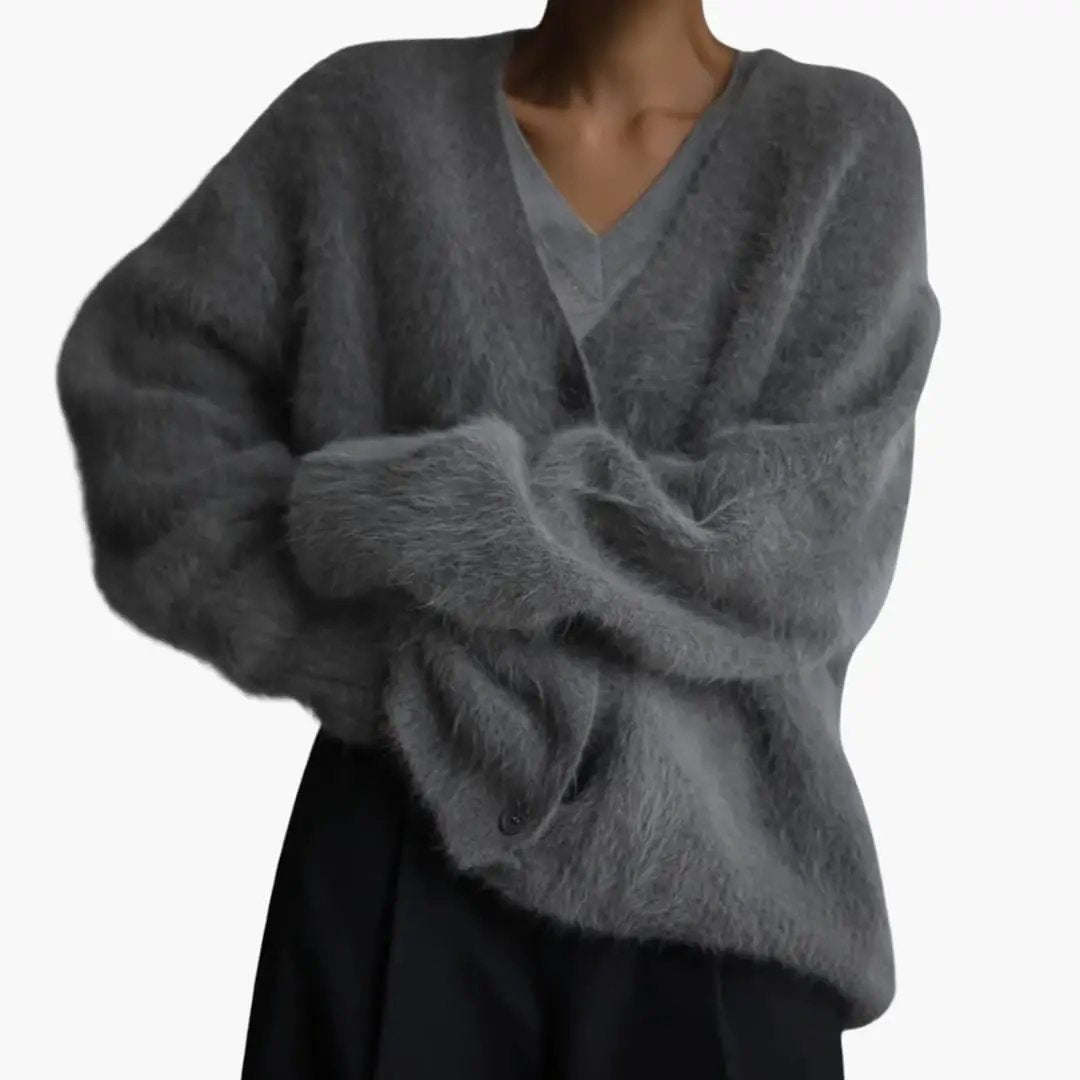 Women’s Cardigan by Wilfred Smith in gray textured knit with a cozy fluffy surface and V-neck, slouchy fit.