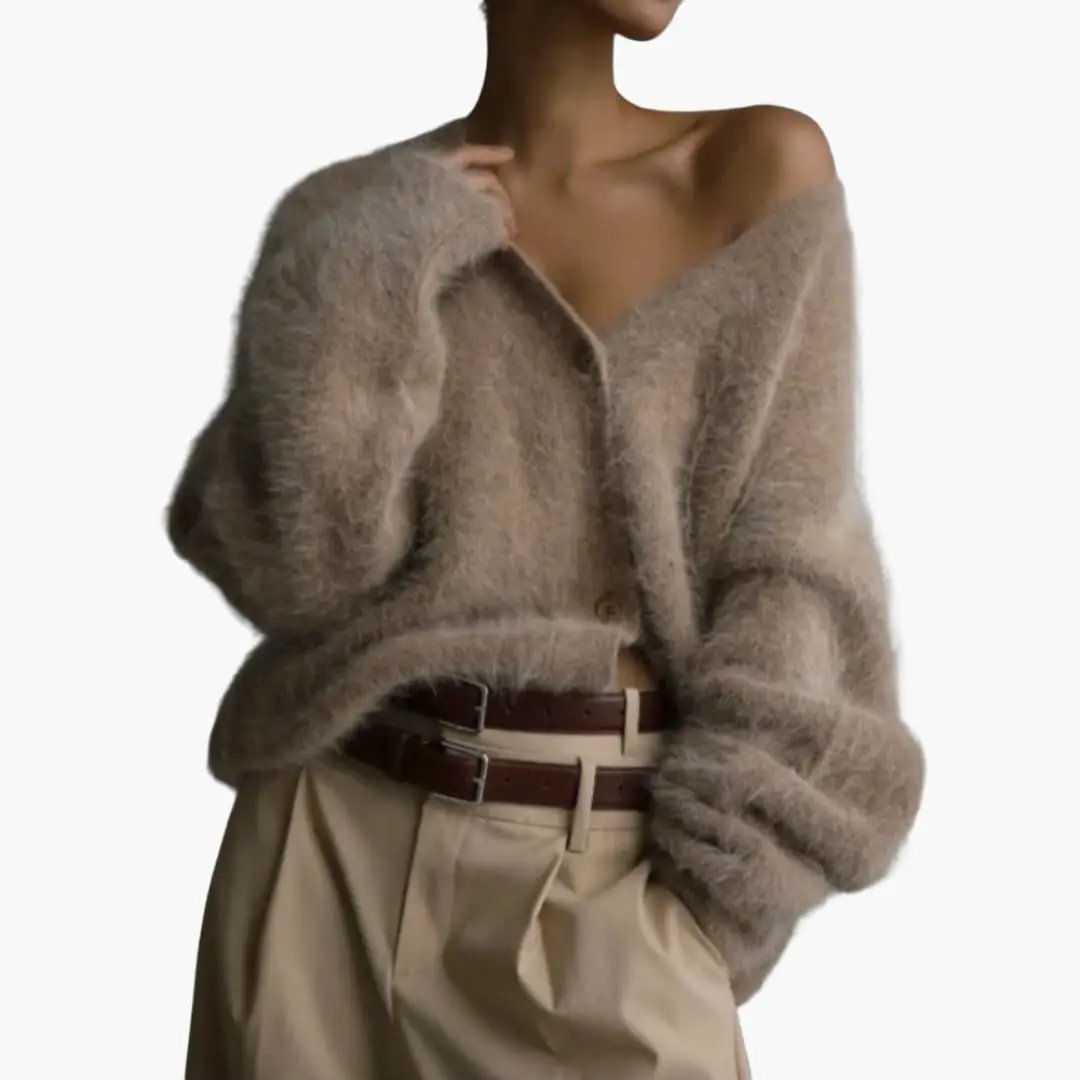 Women’s Cardigan with Textured Surface in beige, V-neck, Wilfred Smith.
