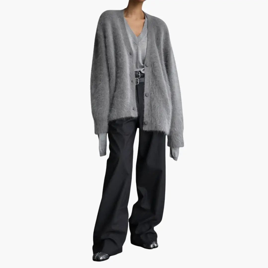 Women's Cardigan with Textured Surface in gray, oversized knit with V-neck and button-front.