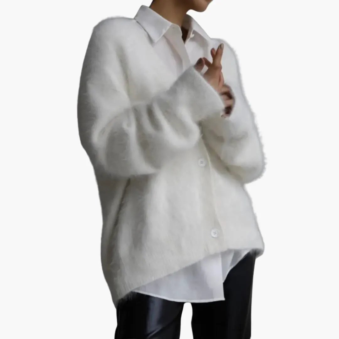 Women’s Cardigan by Wilfred Smith, white textured knit with V-neck and button-front closure, cozy and chic.
