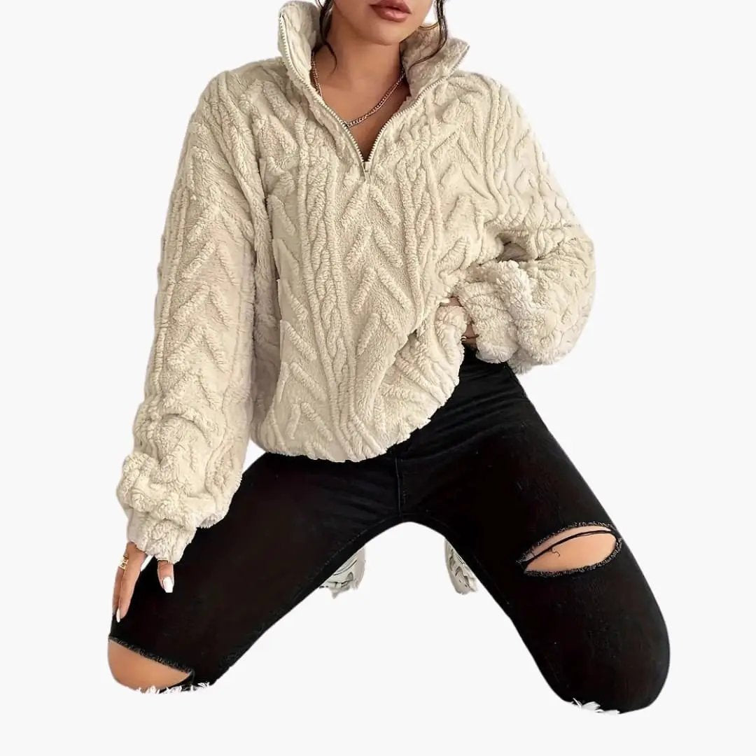 Women's fleece pullover with cable pattern in cream, oversized cozy sweater