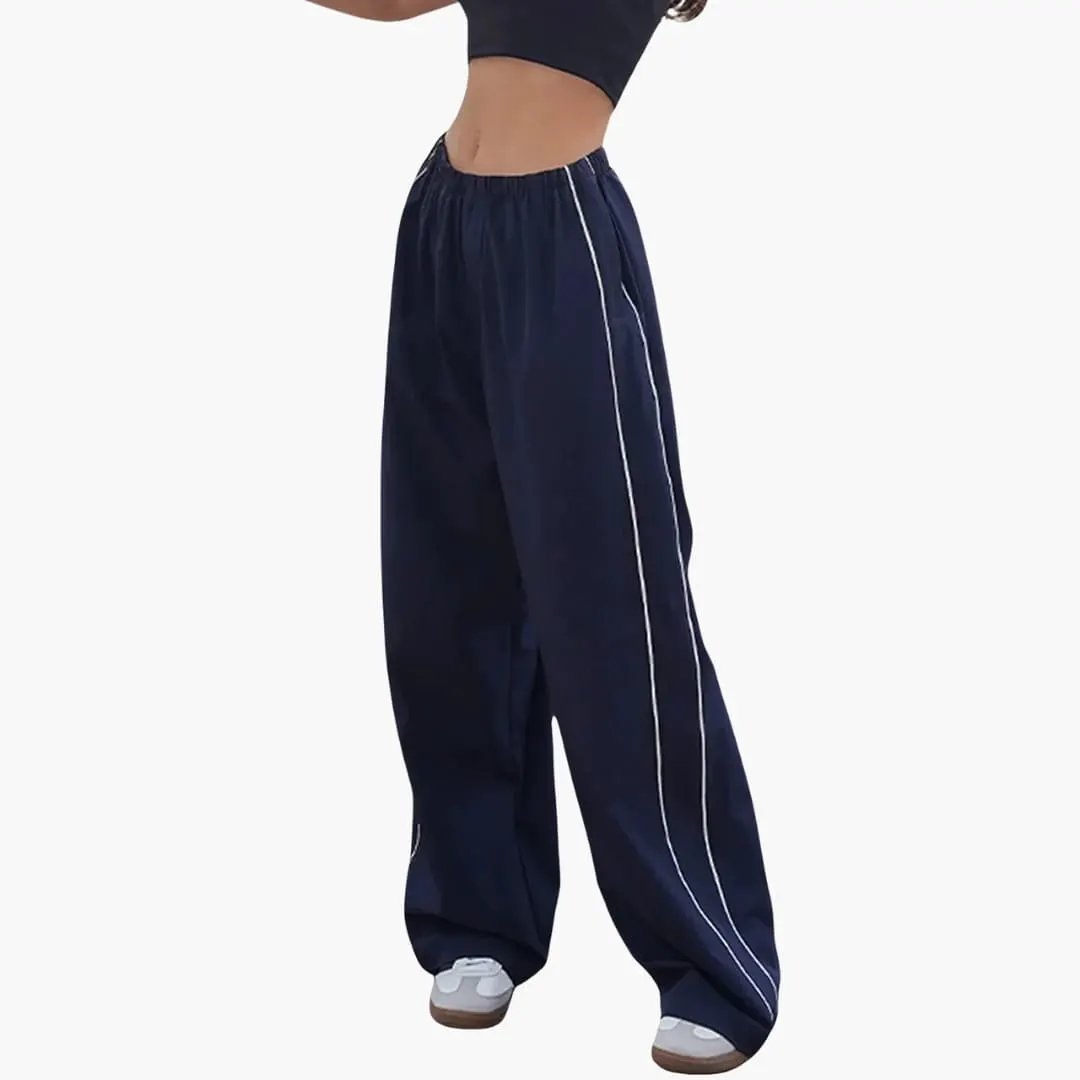 Women's jogging pants with side white stripes, navy blue, baggy fit