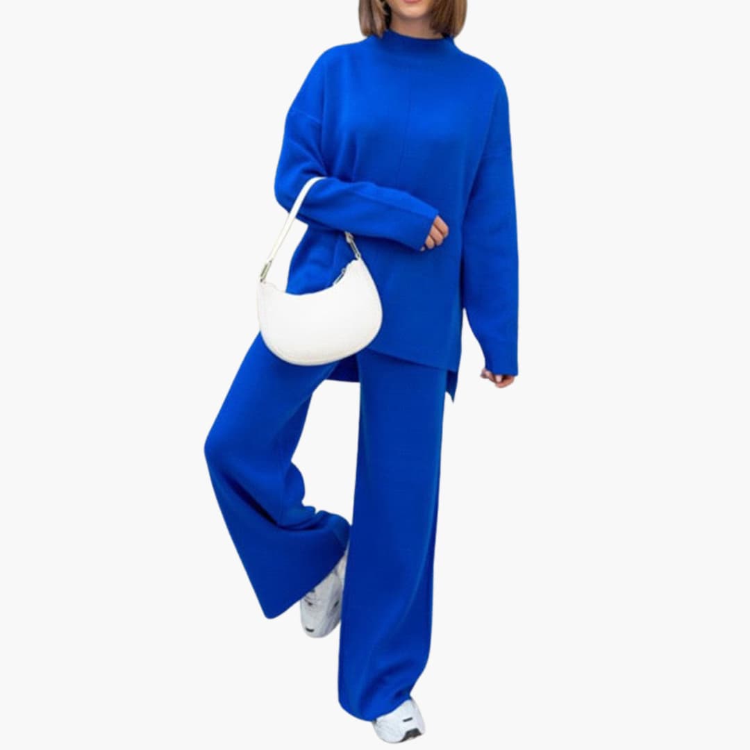 Women's cobalt blue loungewear set with oversized sweater and wide-leg pants