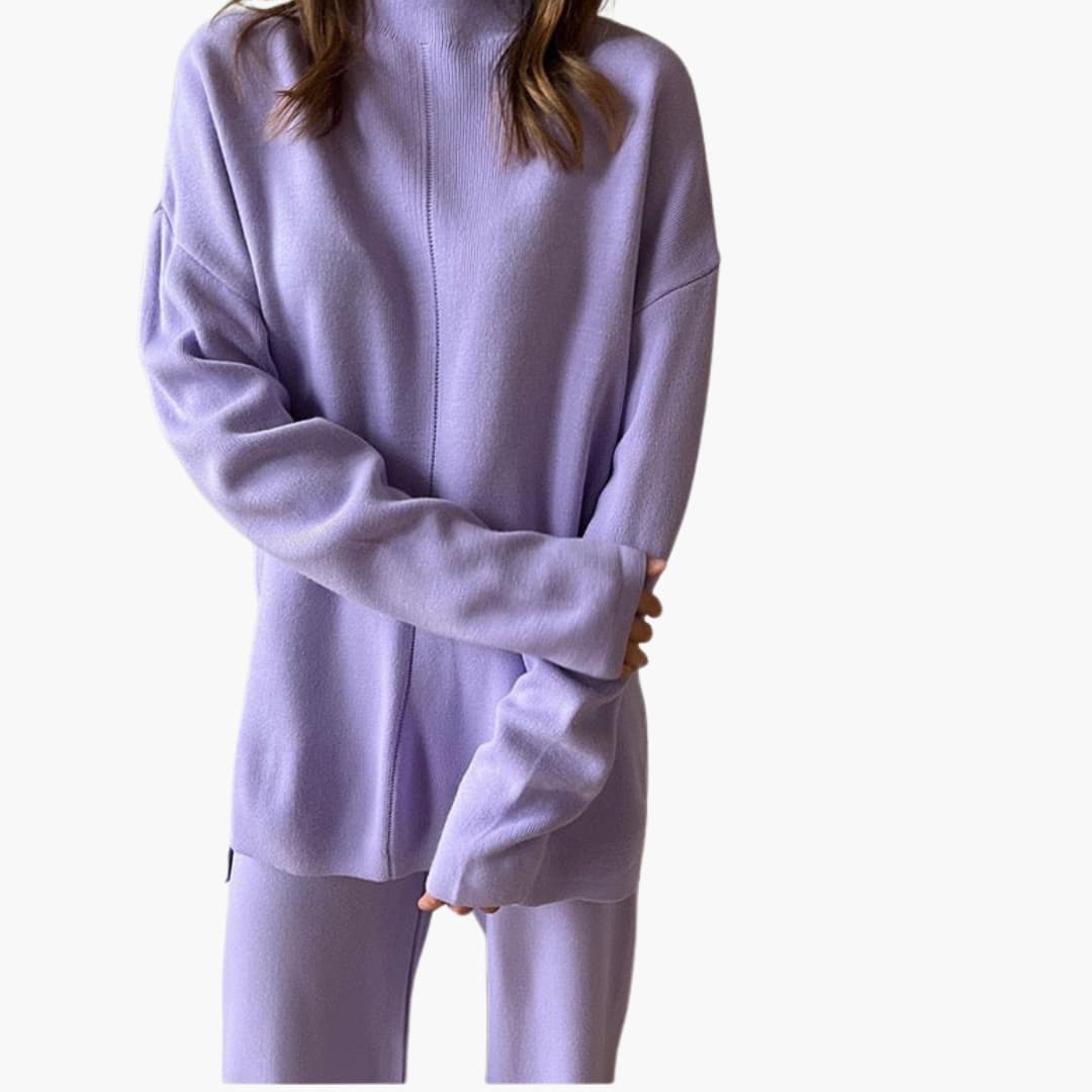 Loungewear set with lavender sweater and wide-leg pants by Wilfred Smith
