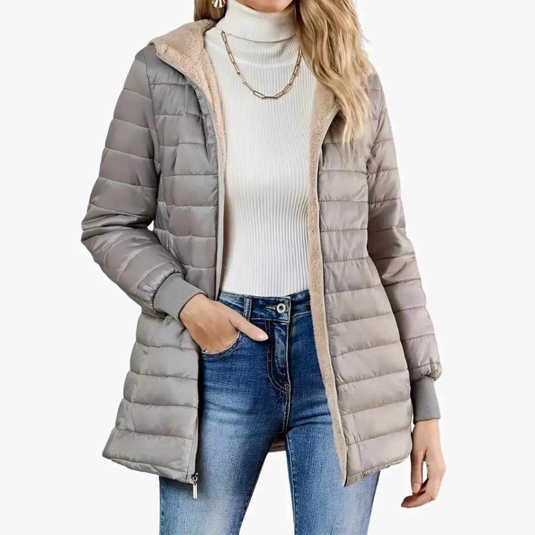 Women's quilted puffer coat with hood and zipper, light taupe by Wilfred Smith.