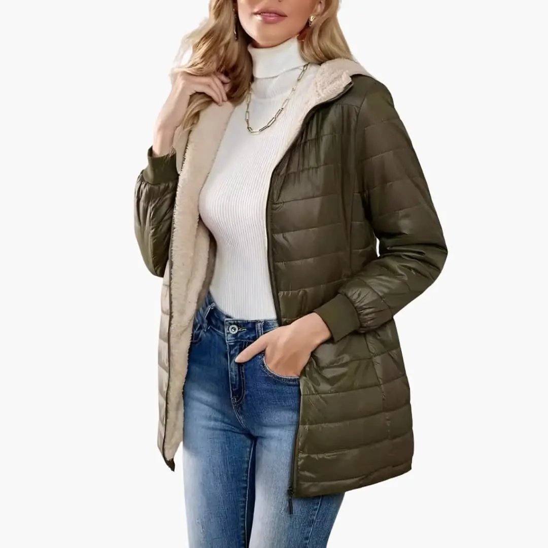Women's olive green quilted puffer coat with hood and zipper.