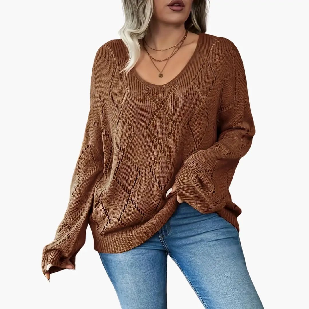 Women's oversized round-neck sweater in brown knit with diamond open-knit pattern, long sleeves