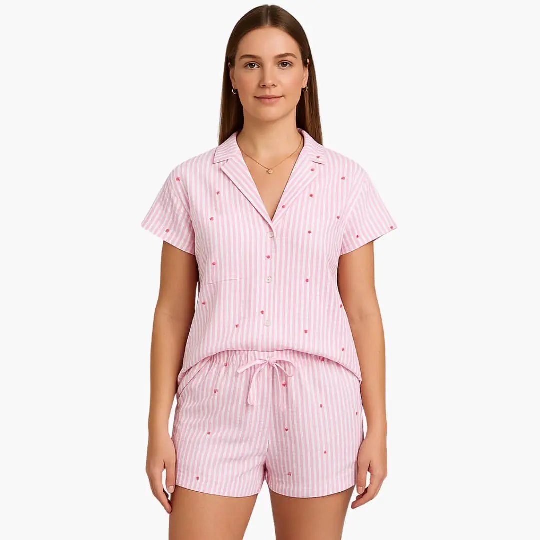 Wilfred Smith women's pajama set: pink and white striped short-sleeve button-down top with matching drawstring shorts