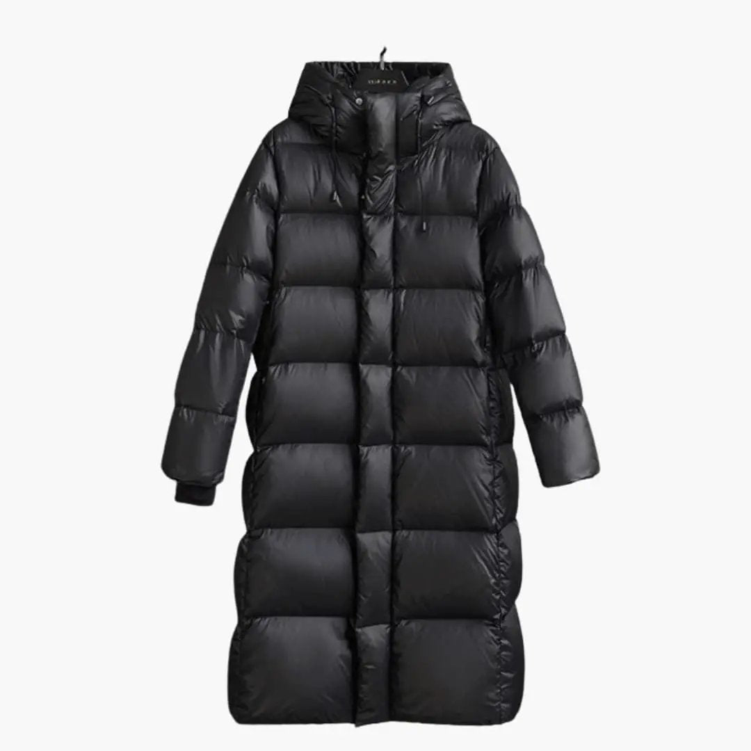 Wilfred Smith women's long padded jacket with adjustable hood in black
