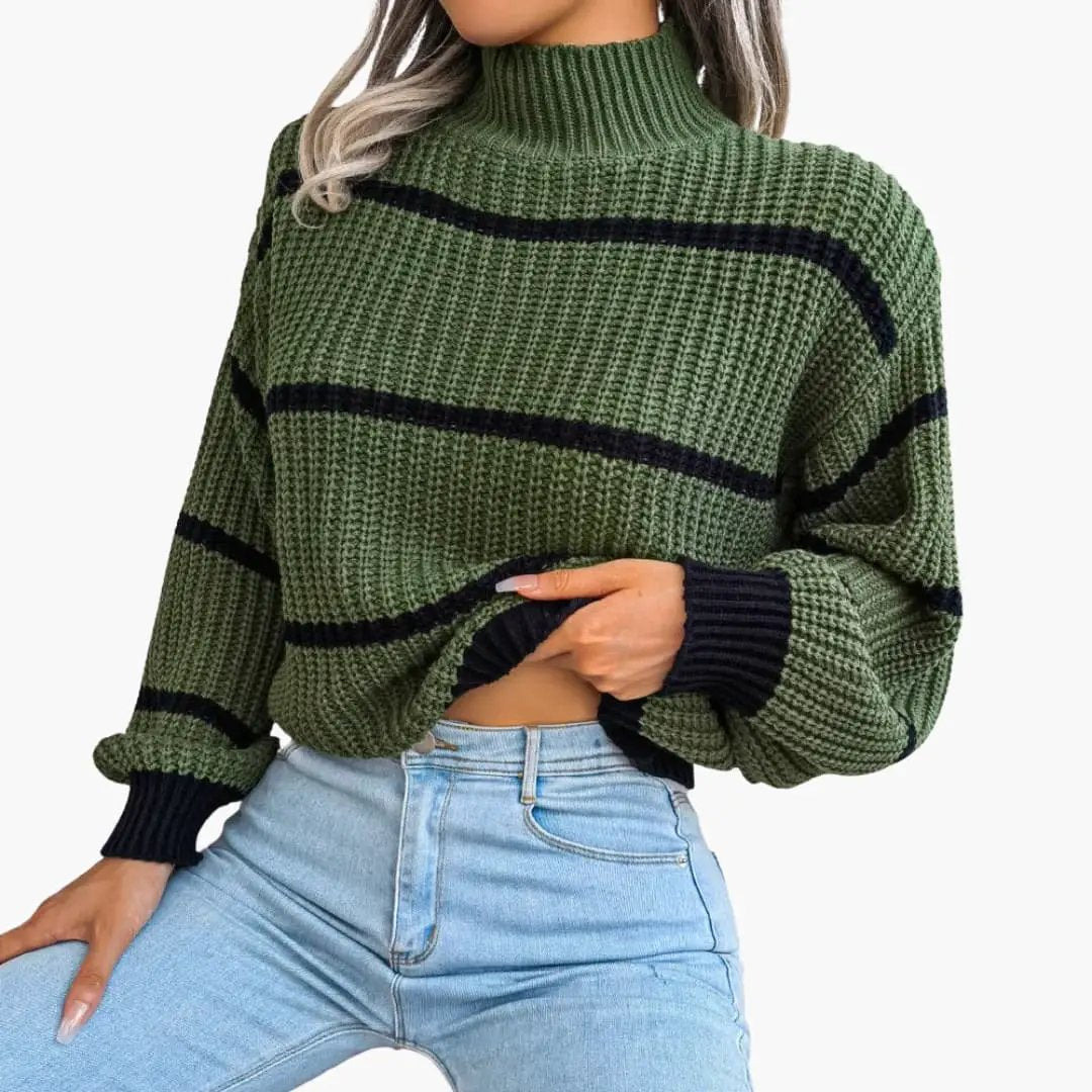 Women's green knit sweater with black stripes and a high collar, oversized fit