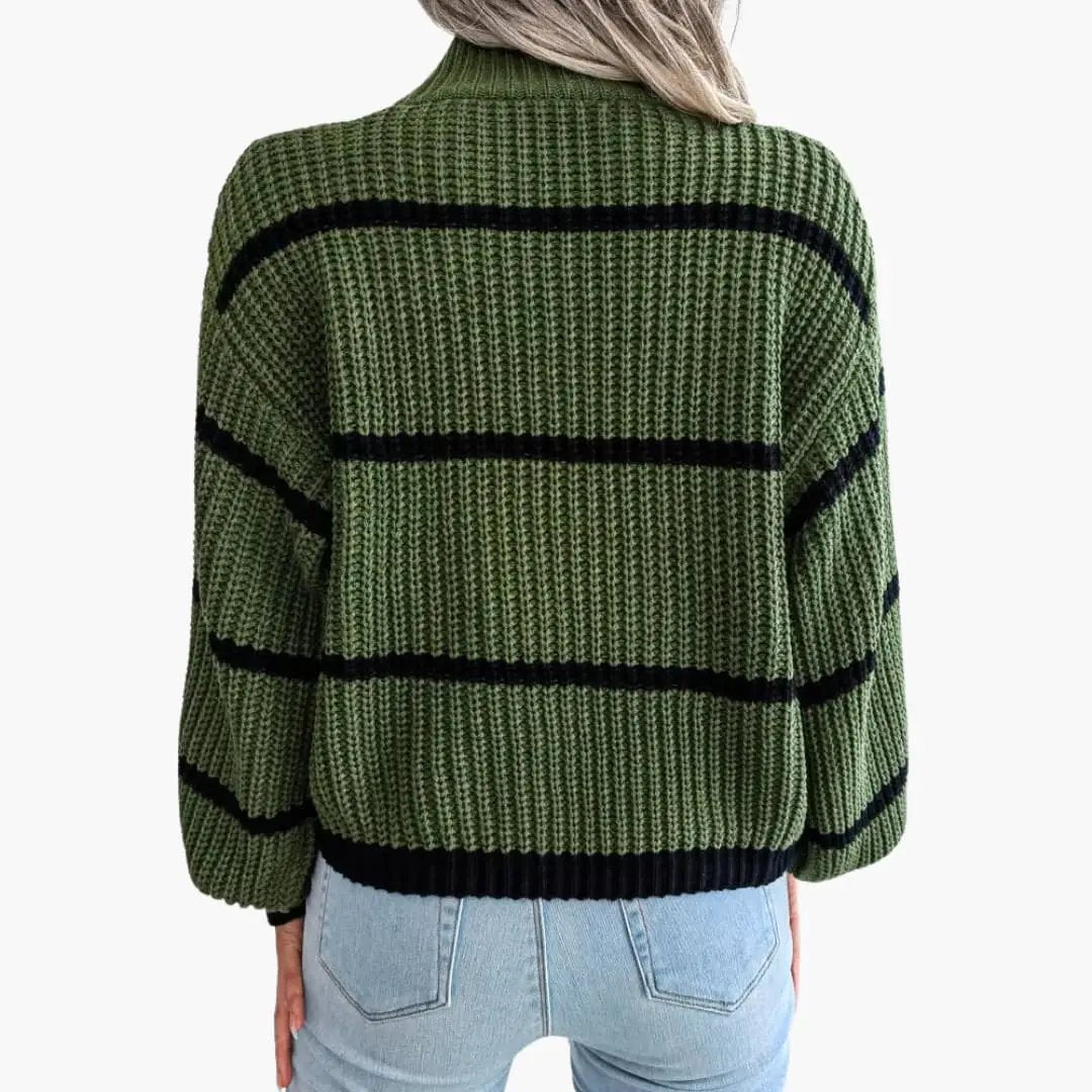 Women's olive green knit sweater with black stripes, back view.