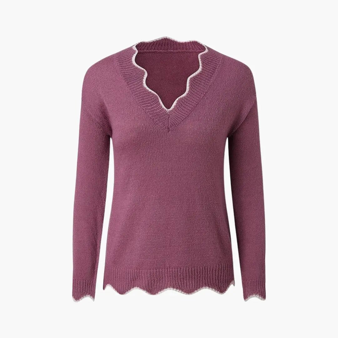 Women's knit sweater in mauve purple with a white wavy edge at neckline and hem