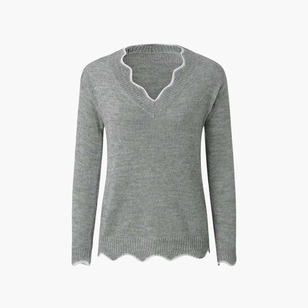 Women's knit sweater with wavy edge in gray, long-sleeve pullover with scalloped hem