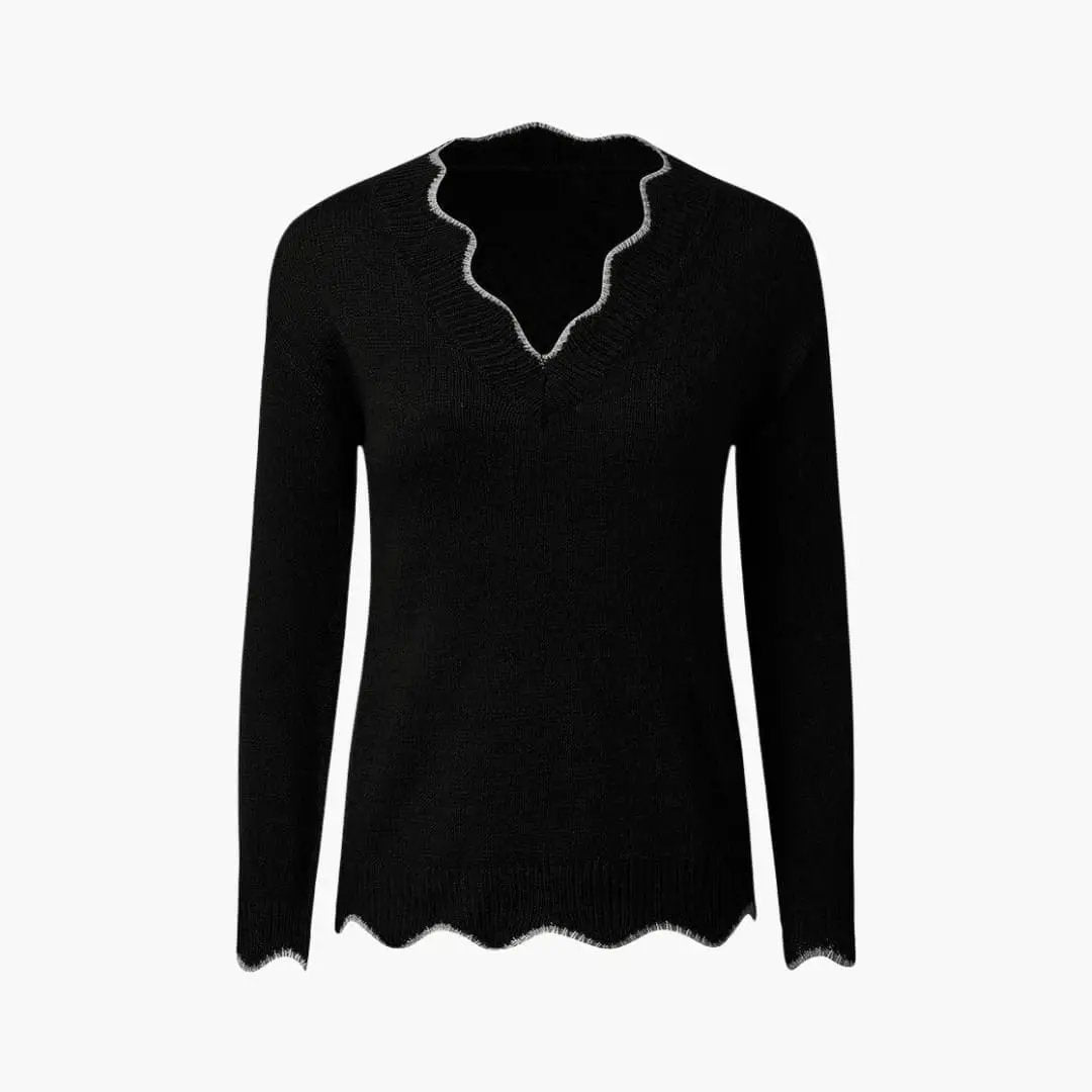 Women's knit sweater, black with a wavy-edge neckline and hem, Wilfred Smith