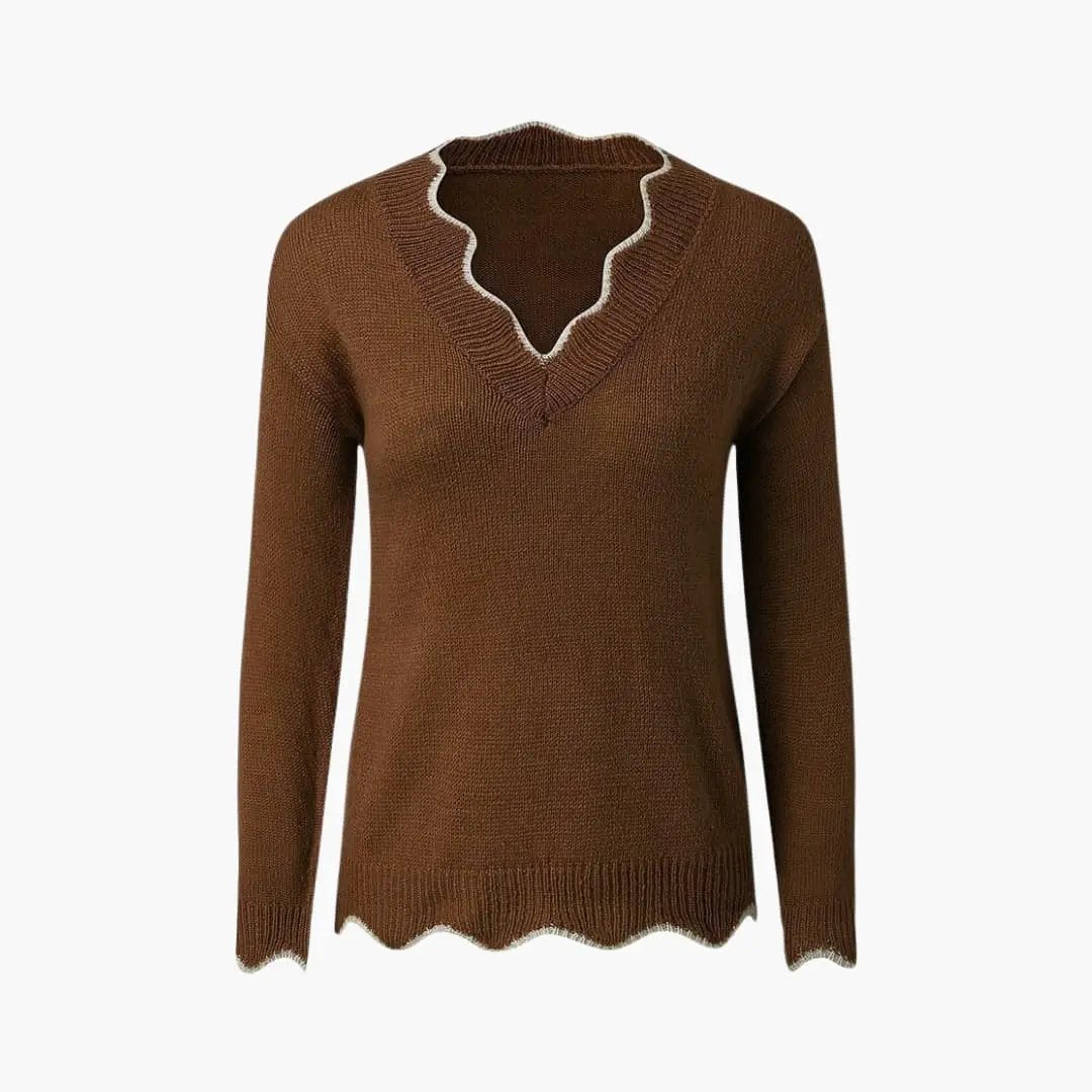Women's brown knit sweater with white wavy trim, Wilfred Smith Damen Pullover