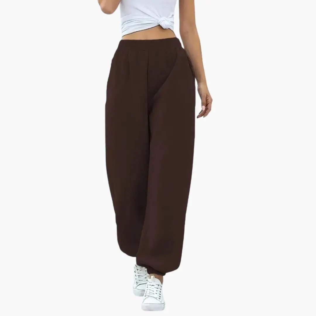 Women's Sweatpants with Side Pockets in brown by Wilfred Smith, baggy fit with elastic cuffs