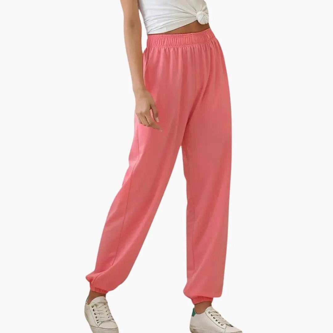 Women's Sweatpants with Side Pockets, pink baggy joggers with elastic waistband and cuffed ankles