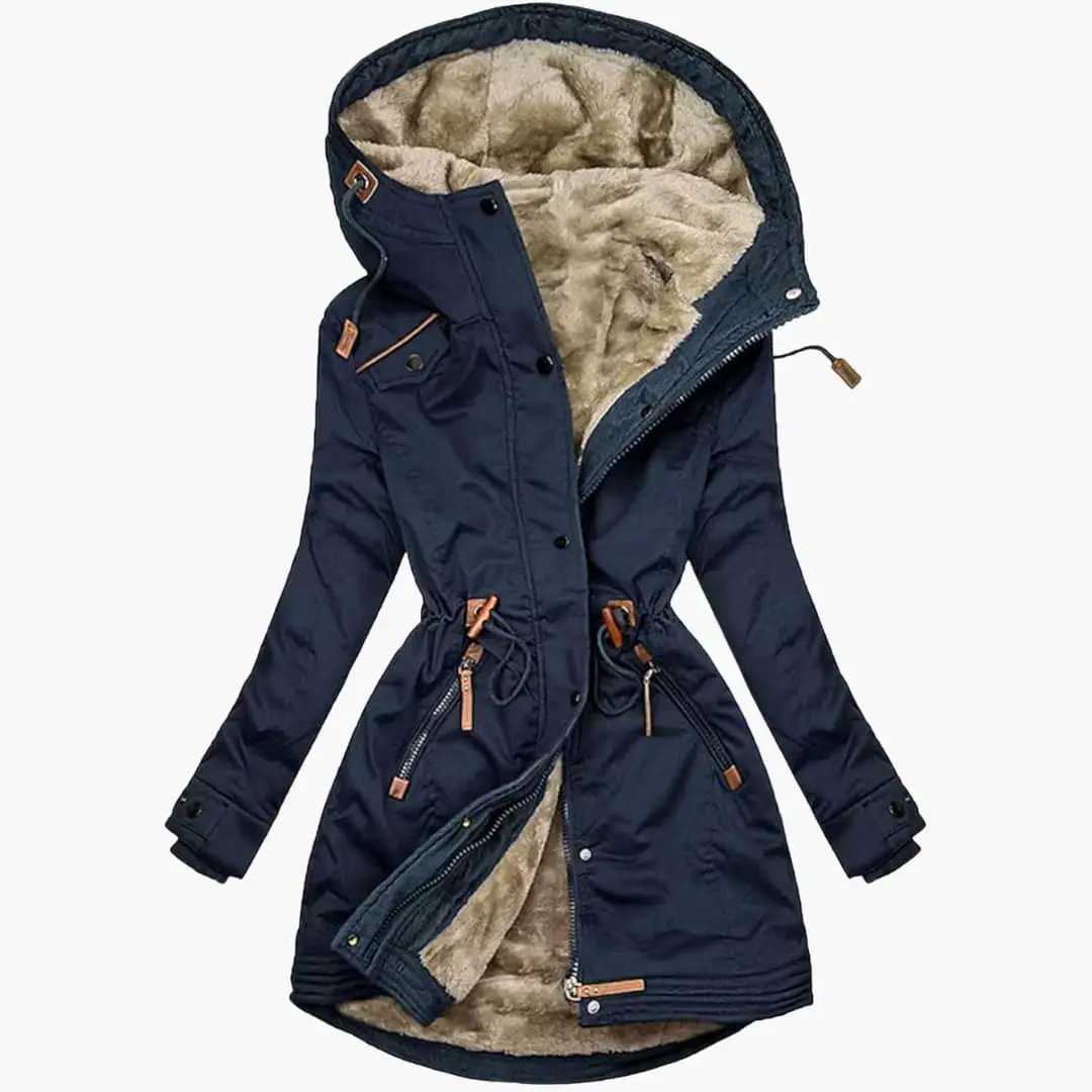 Women's parka jacket with lined hood - front zipper and snap