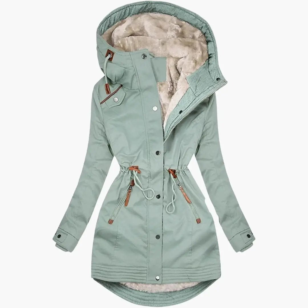 Women's parka jacket with lined hood - front zipper and snap
