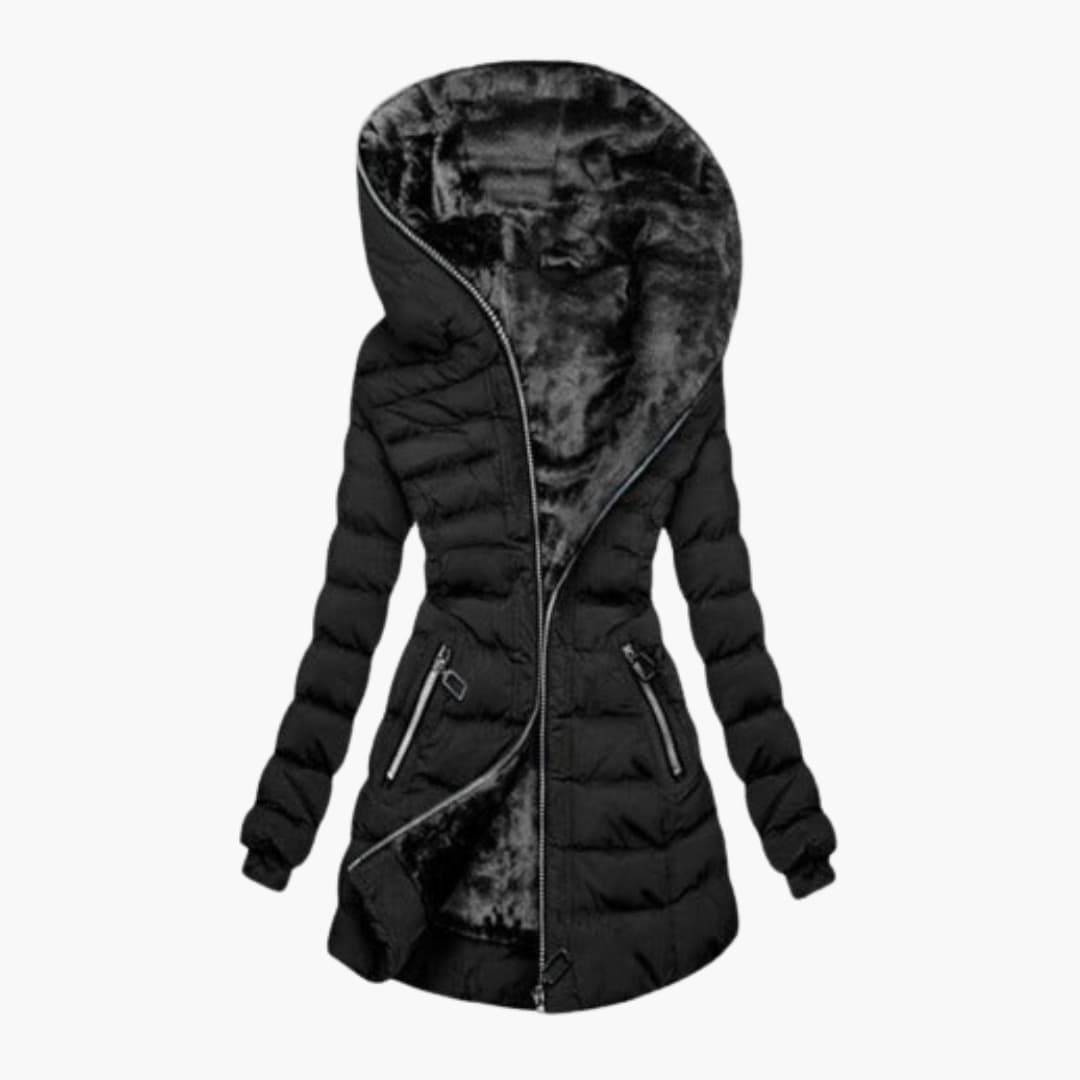 Women's padded jacket with side pockets; black quilted puffer with fur-lined hood.
