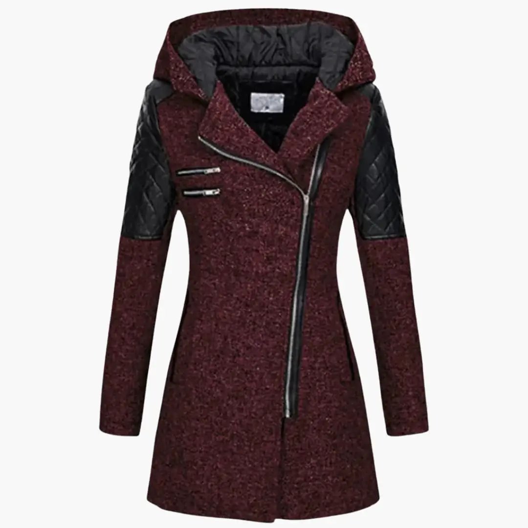 Women's Long Coat with Hood and Asymmetric Zipper by Wilfred Smith, burgundy textured fabric with black quilted sleeves