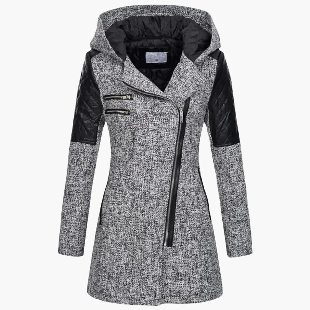 Women's long coat with hood and asymmetric zipper in gray speckled tweed with black quilted sleeves