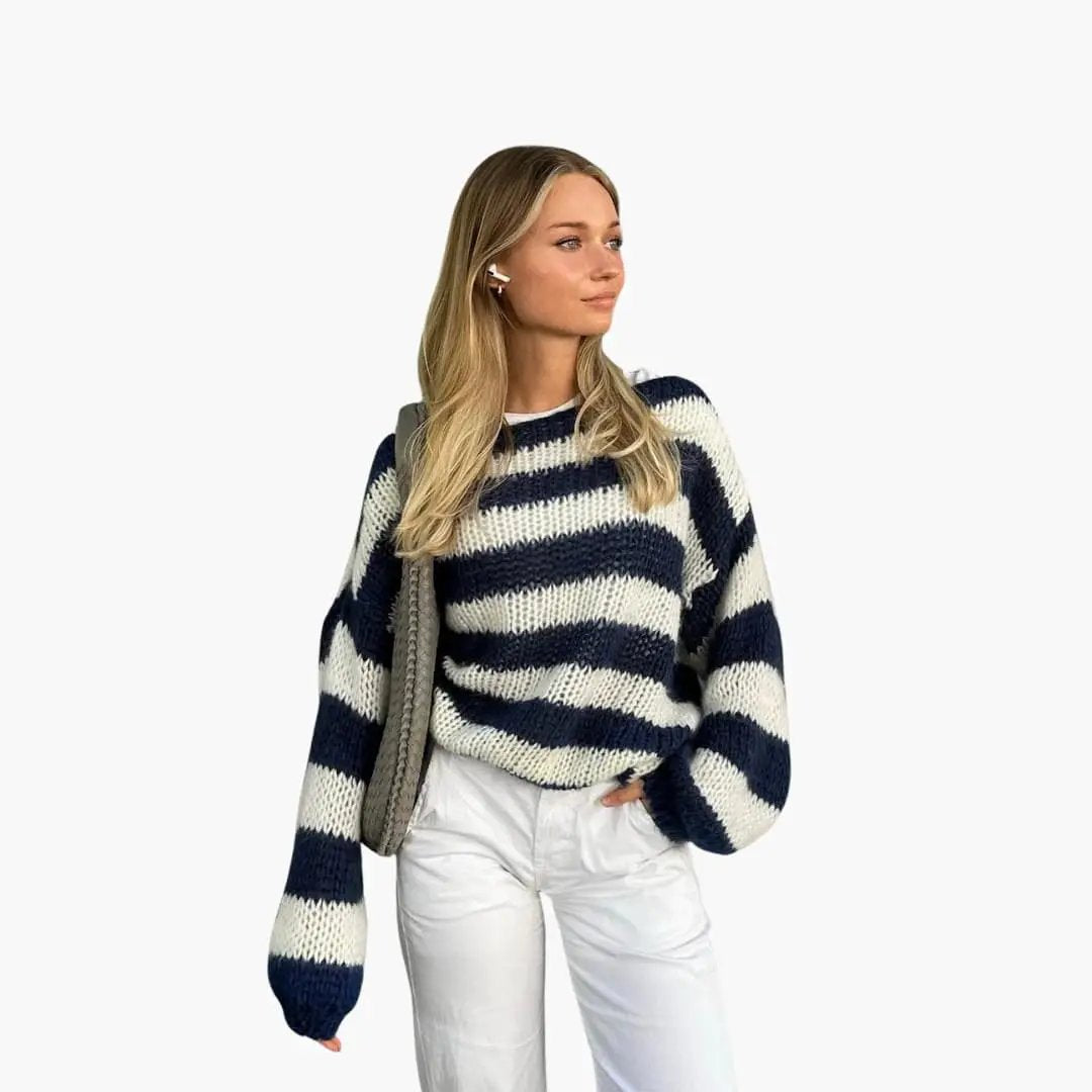 Women's striped knit sweater with round neck and long sleeves in navy and white