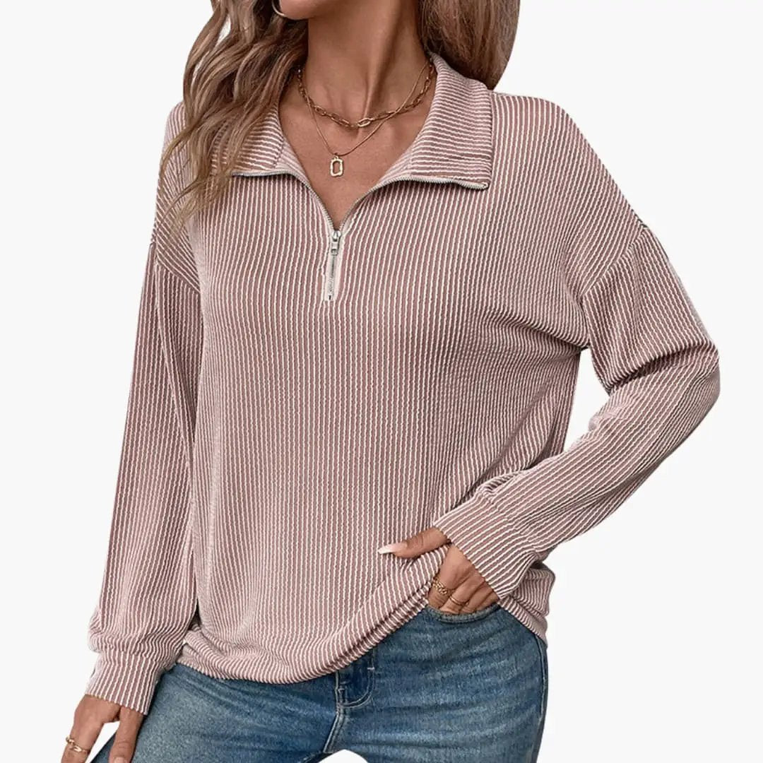 Women's striped knit pullover with half-zip collar in blush pink