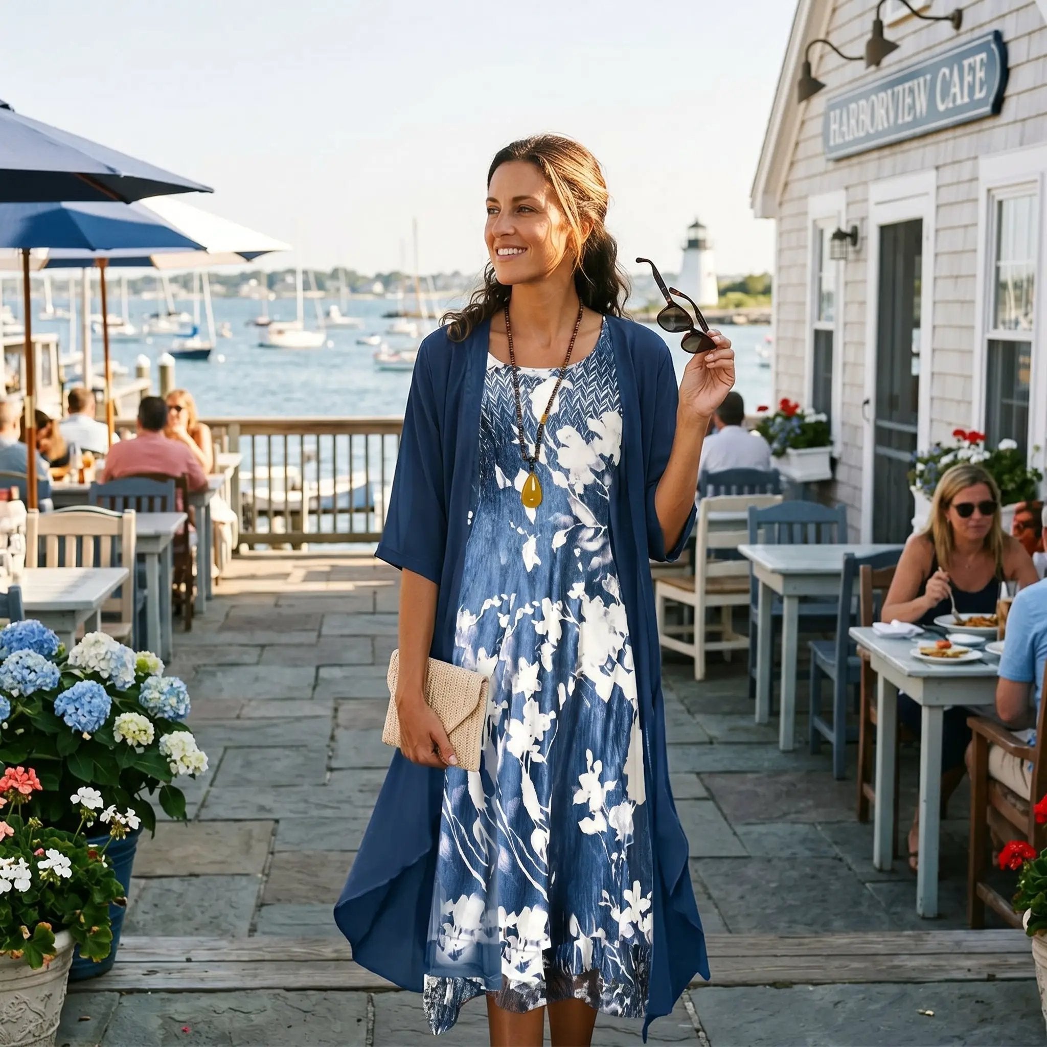 Women’s Floral Long Dress with Cardigan Set in navy blue with white florals, woman at harbor cafe.