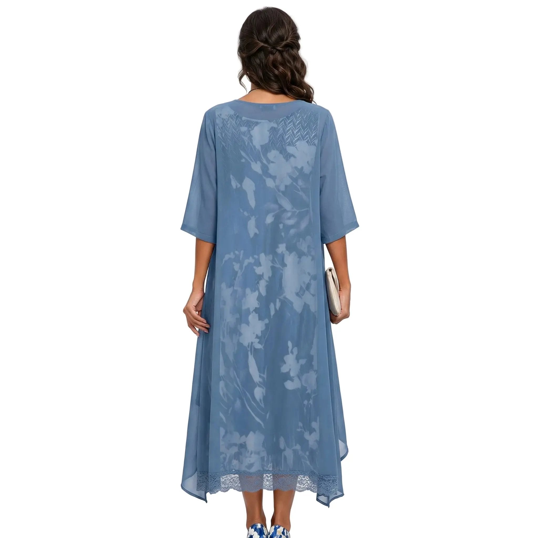 Women's blue floral long dress with lace hem, back view