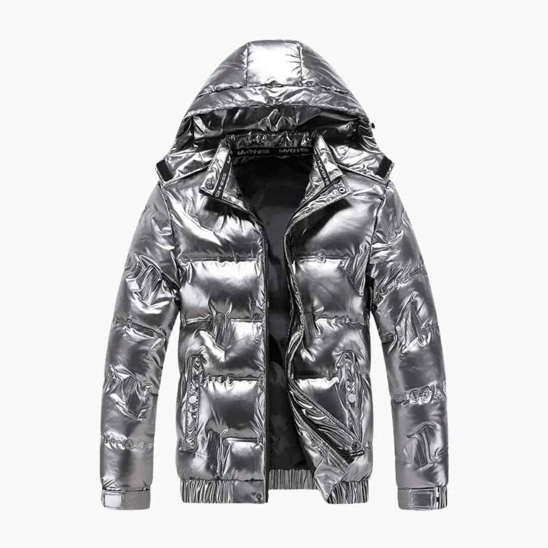 Men's Winter Jacket with Hood, metallic silver puffer quilted by Wilfred Smith