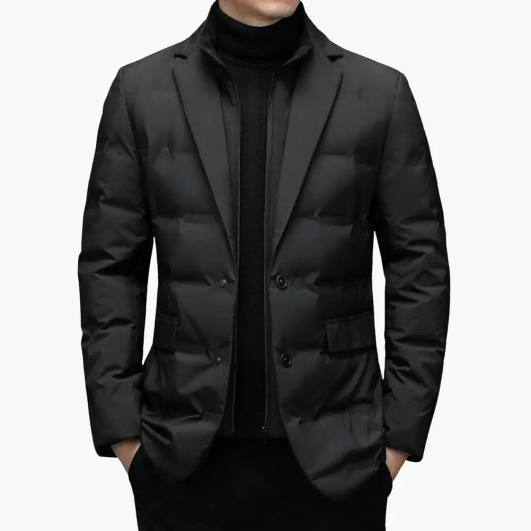 Men's blazer jacket with front pockets, black quilted puffer style by Wilfred Smith