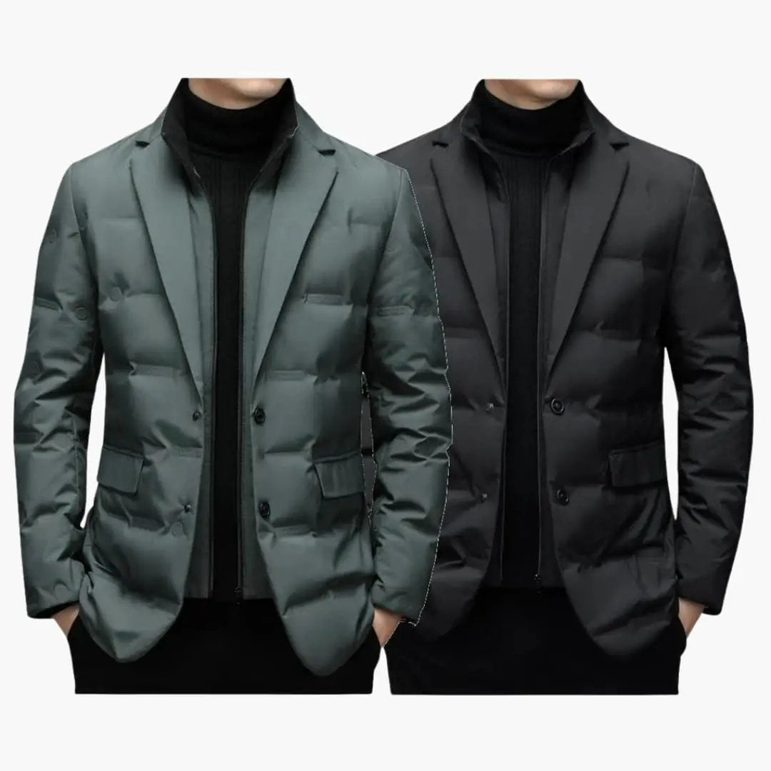 Men's blazer jackets by Wilfred Smith, two quilted coats with front pockets in green-gray and black.