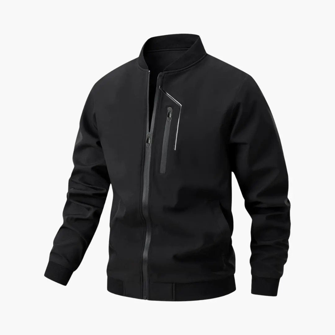 Men's bomber jacket by Wilfred Smith in black with full front zipper and zip pockets.