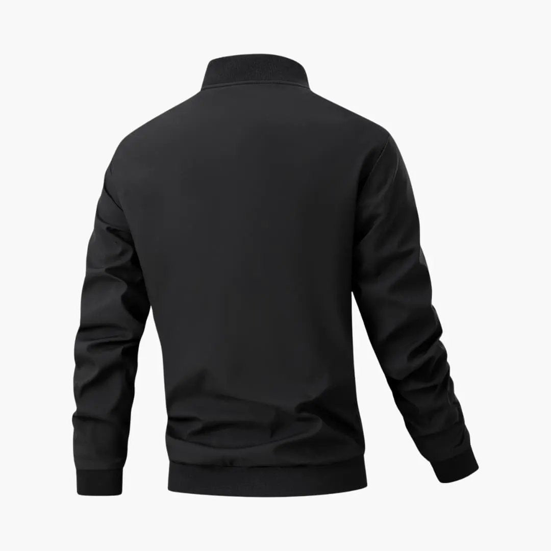 Men's black bomber jacket, back view with ribbed cuffs and hem