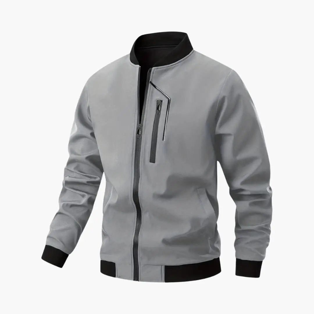 Men's bomber jacket by Wilfred Smith in light gray with black cuffs and collar, front zip and chest zip pocket