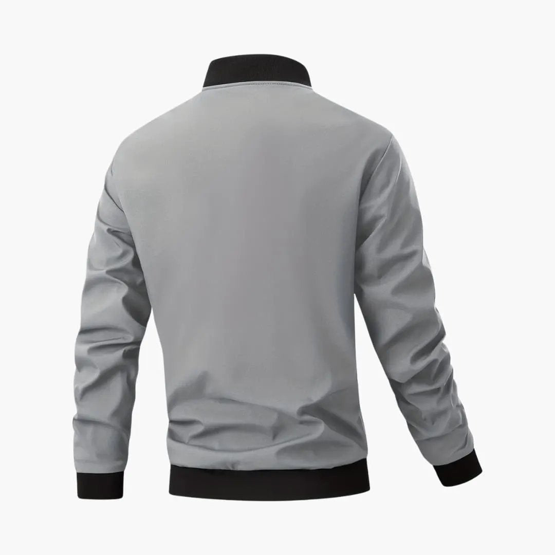 Men's bomber jacket in light gray with black ribbed collar, cuffs and hem, back view.