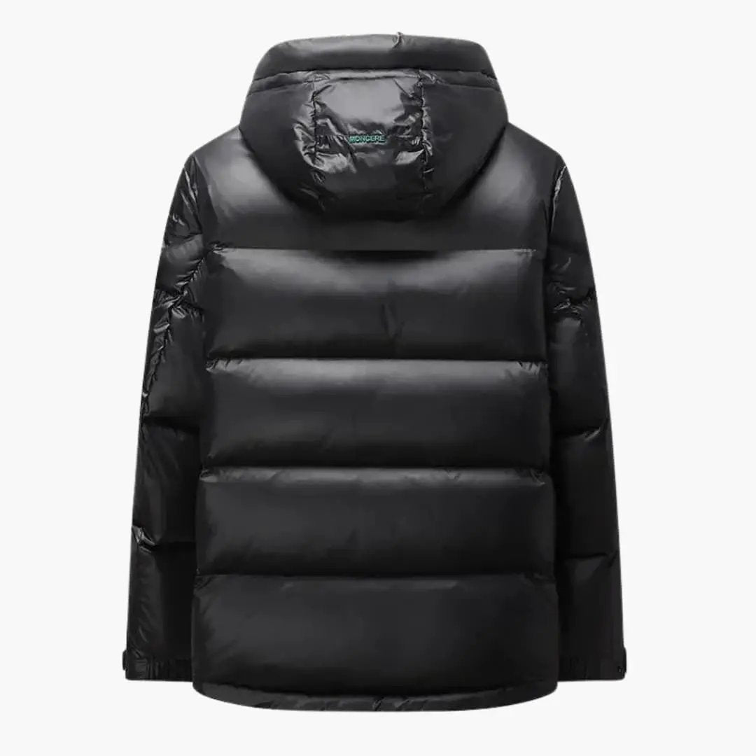 Men's down jacket with hood by Wilfred Smith, black quilted puffer for winter