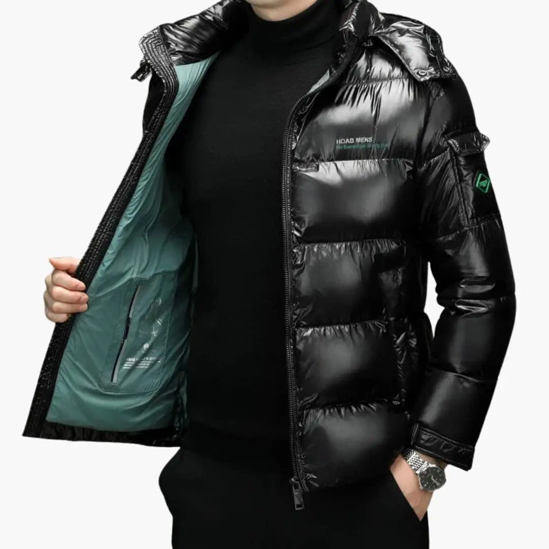 Men's down jacket black puffer with teal lining by Wilfred Smith